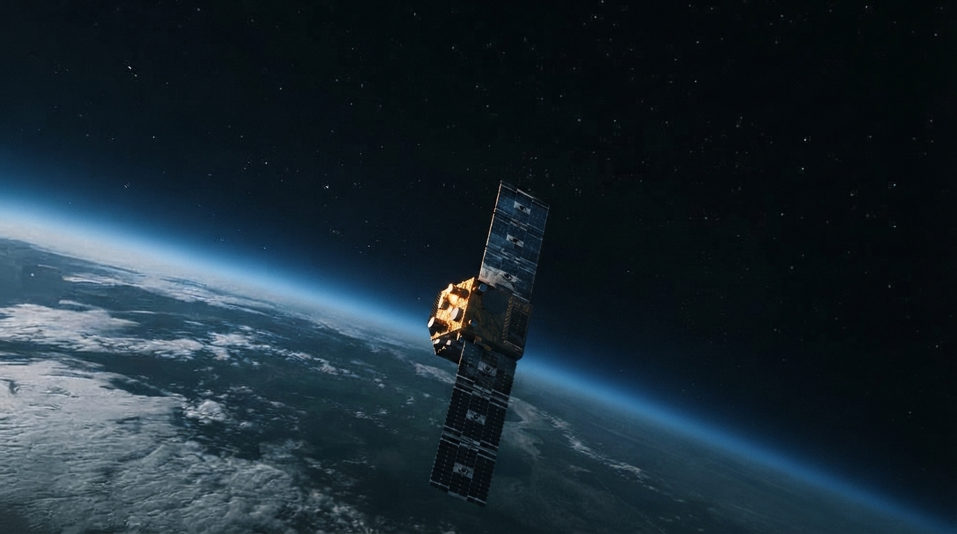 A private satellite in orbit processing complex data streams, representing AI-driven Earth observation for climate change insights.